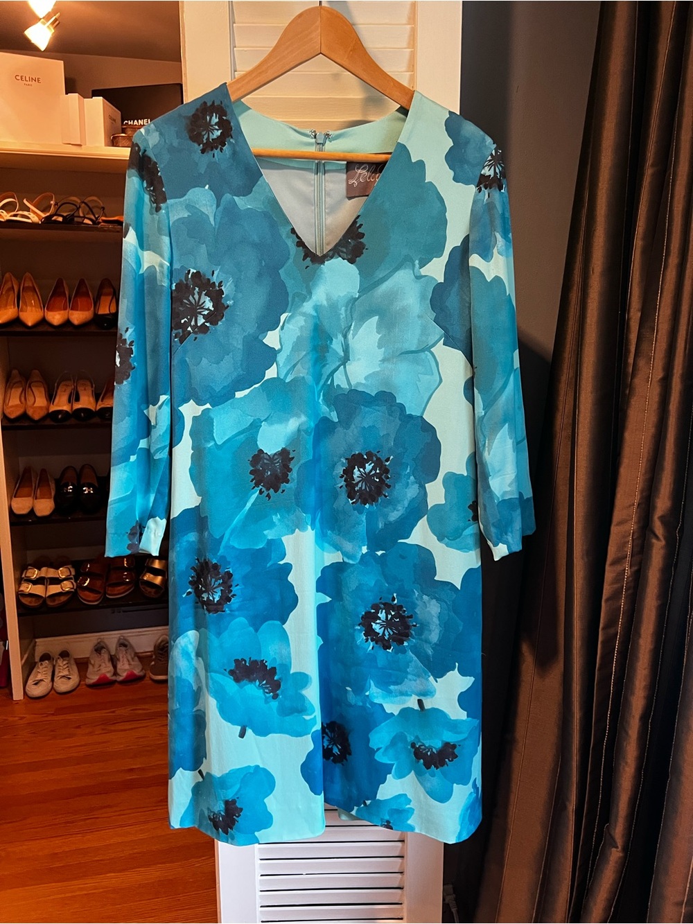 Lela Rose Teal and Aqua Floral V-Neck  Shift Dress